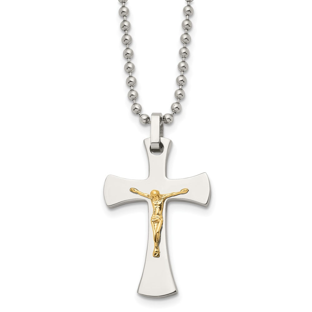 Chisel Stainless Steel Polished with 14k Gold Accent Crucifix Pendant on a 22 inch Ball Chain Necklace