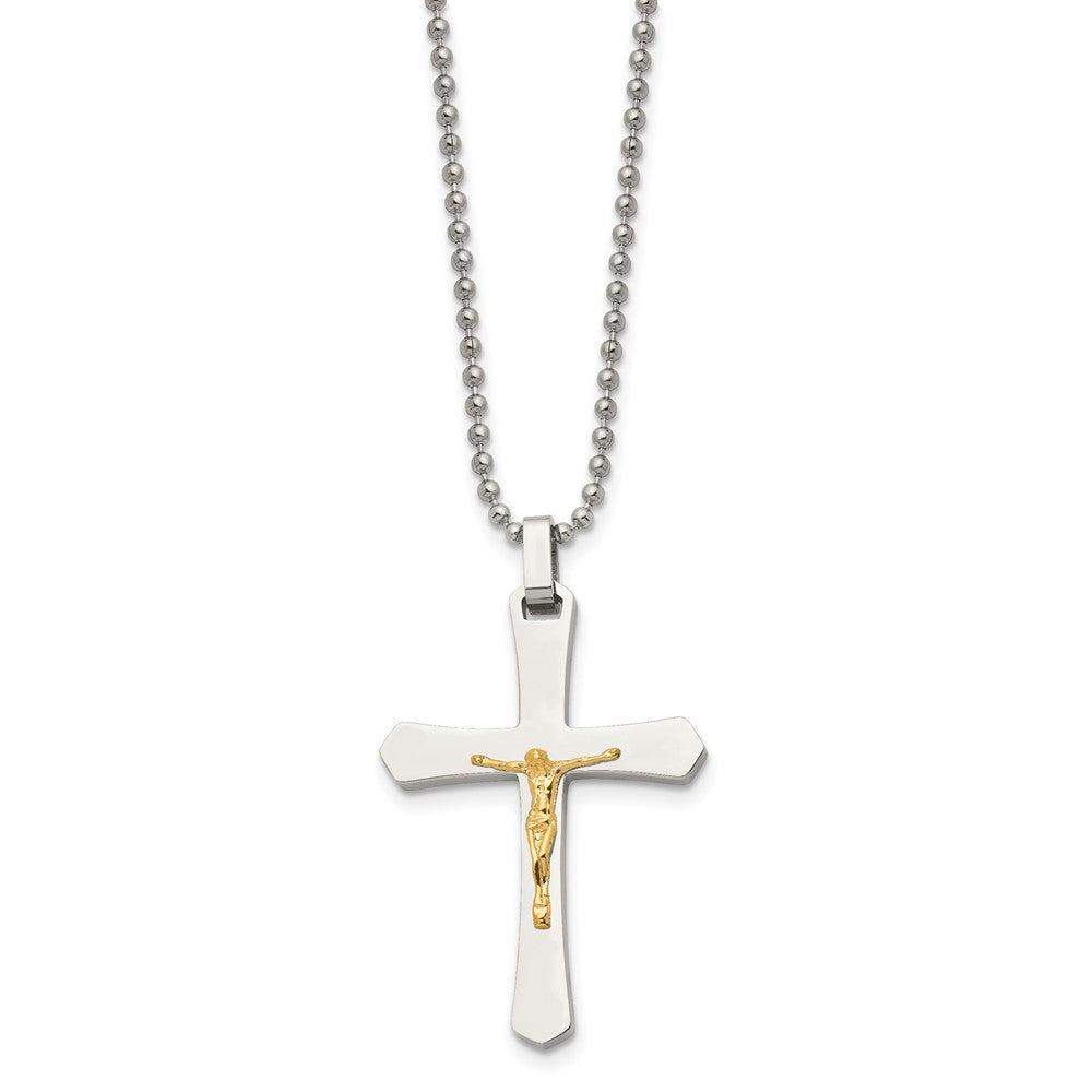 Chisel Stainless Steel Polished with 14k Gold Accent Crucifix Pendant on a 22 inch Ball Chain Necklace