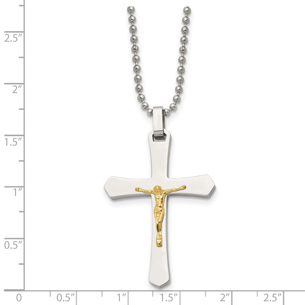 Chisel Stainless Steel Polished with 14k Gold Accent Crucifix Pendant on a 22 inch Ball Chain Necklace