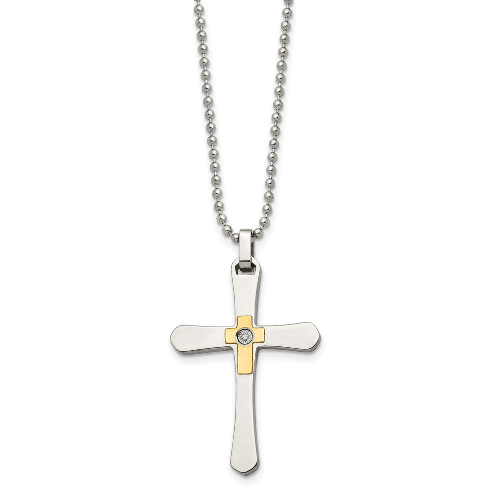 Chisel Stainless Steel Polished with 14k Gold Accent 1/2pt Diamond Cross Pendant on a 22 inch Ball Chain Necklace