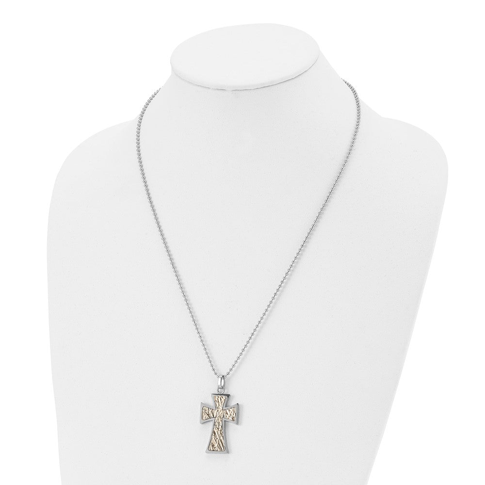 Chisel Stainless Steel Polished with 14k Gold Accent Cross Pendant on a 22 inch Ball Chain Necklace