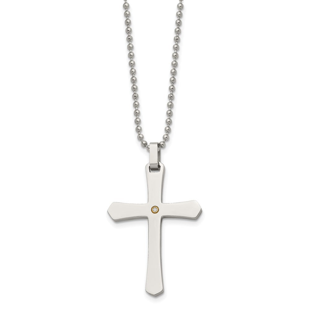 Chisel Stainless Steel Polished with 14k Gold Accent .02 carat Diamond Cross Pendant on a 22 inch Ball Chain Necklace