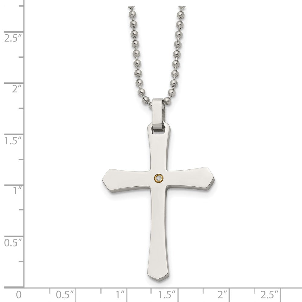 Chisel Stainless Steel Polished with 14k Gold Accent .02 carat Diamond Cross Pendant on a 22 inch Ball Chain Necklace