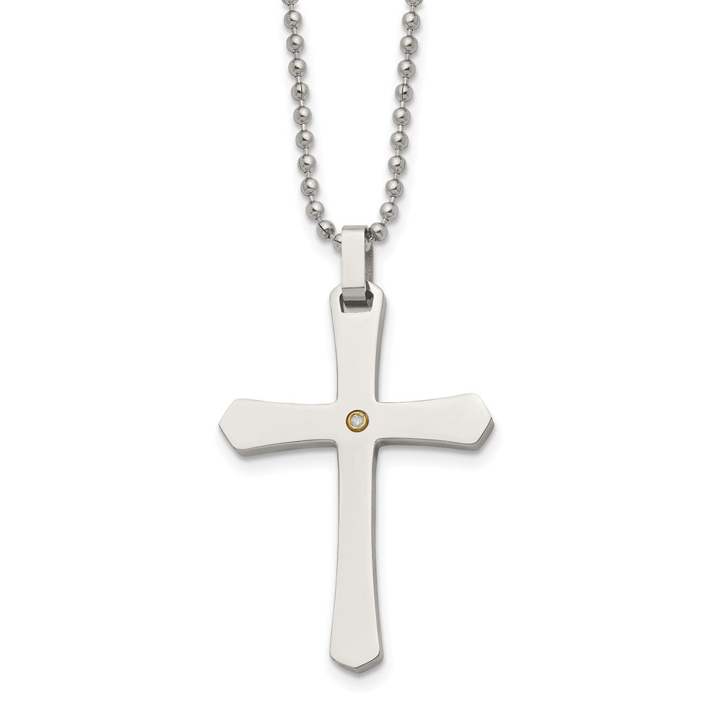 Chisel Stainless Steel Polished with 14k Gold Accent .02 carat Diamond Cross Pendant on a 22 inch Ball Chain Necklace