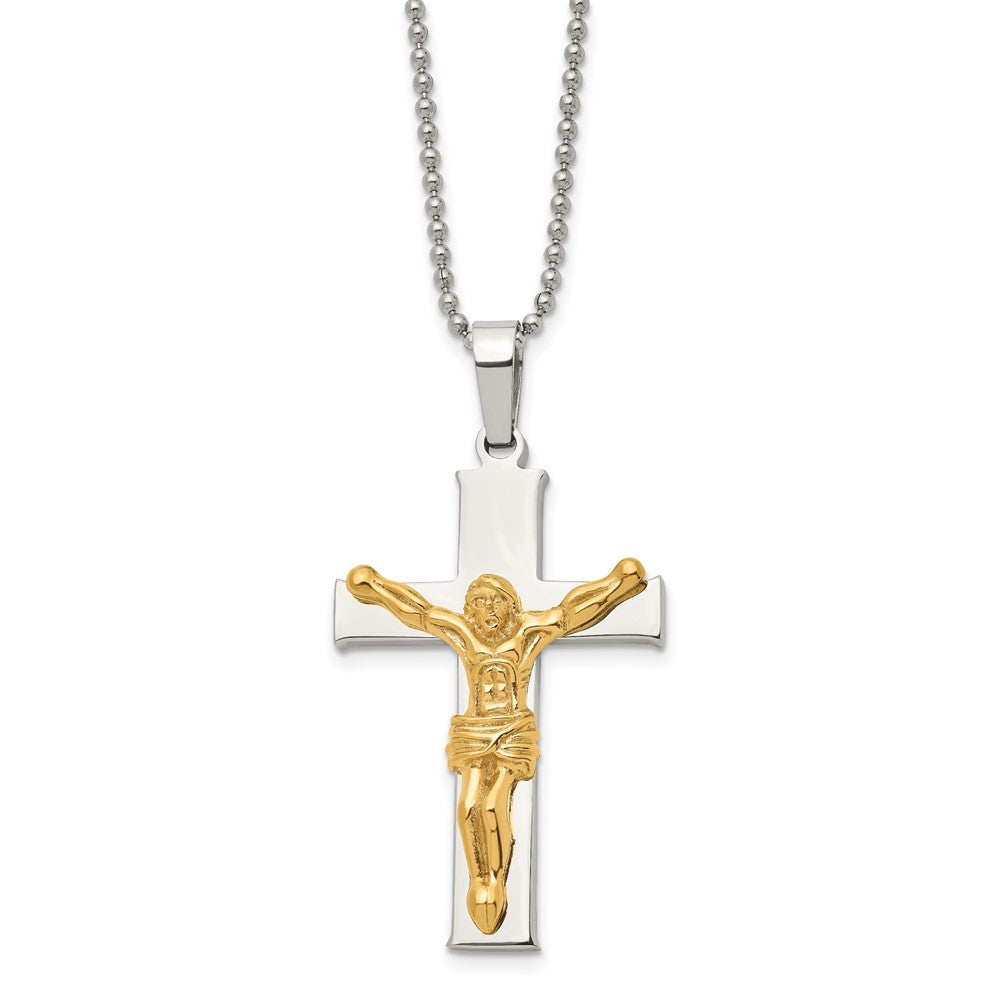 Chisel Stainless Steel Polished Yellow IP-plated Crucifix Pendant on a 22 inch Ball Chain Necklace