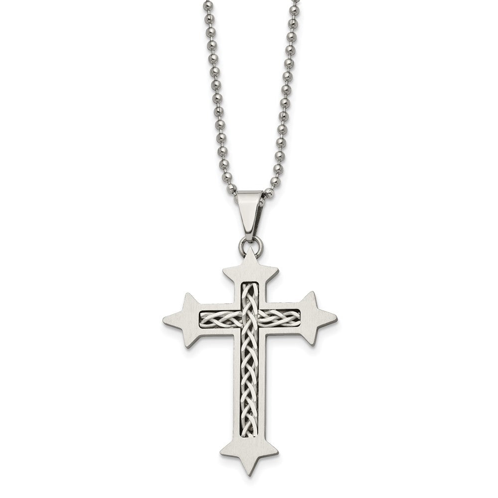 Chisel Stainless Steel Brushed with Braided Sterling Silver Inlay Cross Pendant on a 24 inch Ball Chain Necklace