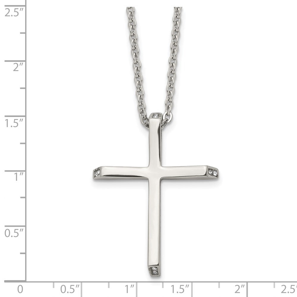 Chisel Stainless Steel Polished with CZ Ends Cross Pendant on a 22 inch Cable Chain Necklace