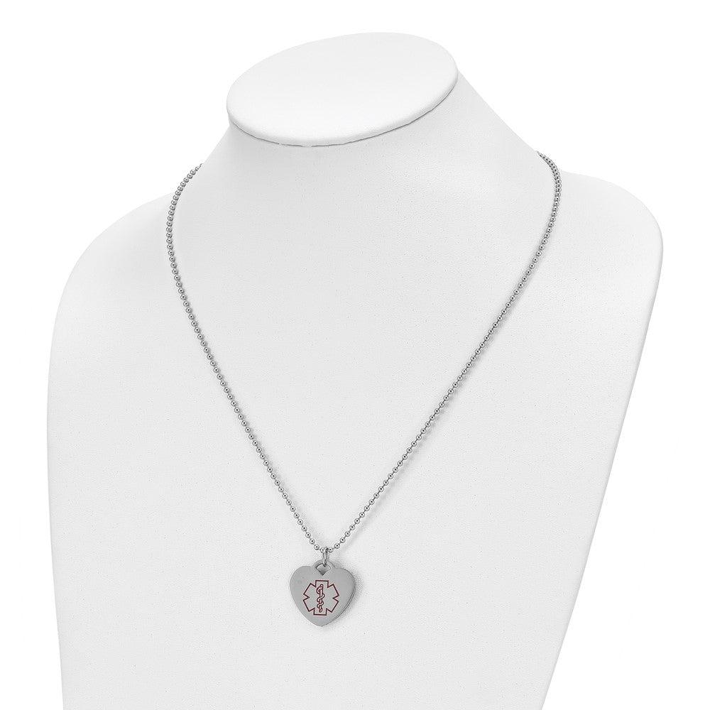 Chisel Stainless Steel Polished with Red Enamel Heart Medical ID Pendant on a 22 inch Ball Chain Necklace