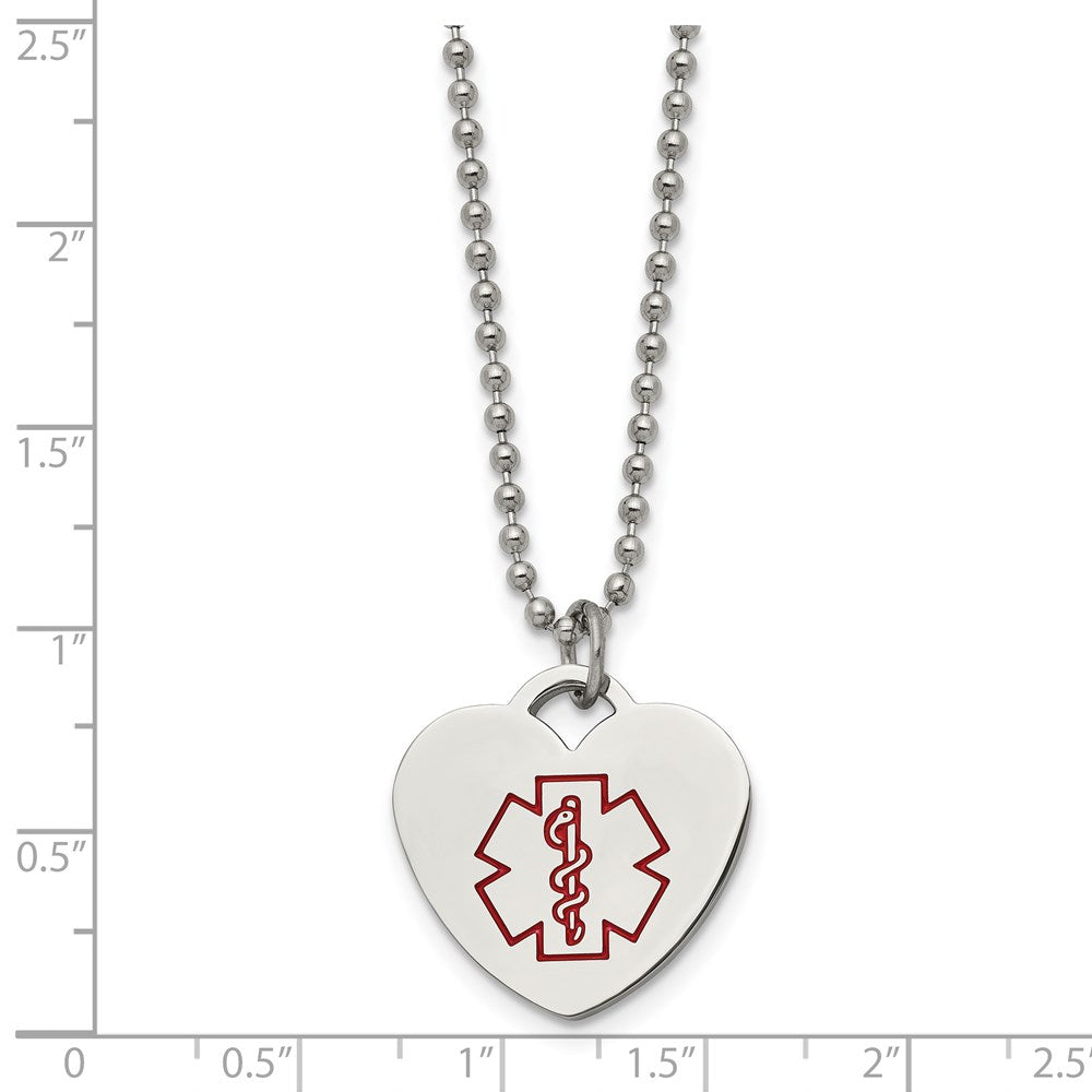 Chisel Stainless Steel Polished with Red Enamel Heart Medical ID Pendant on a 22 inch Ball Chain Necklace