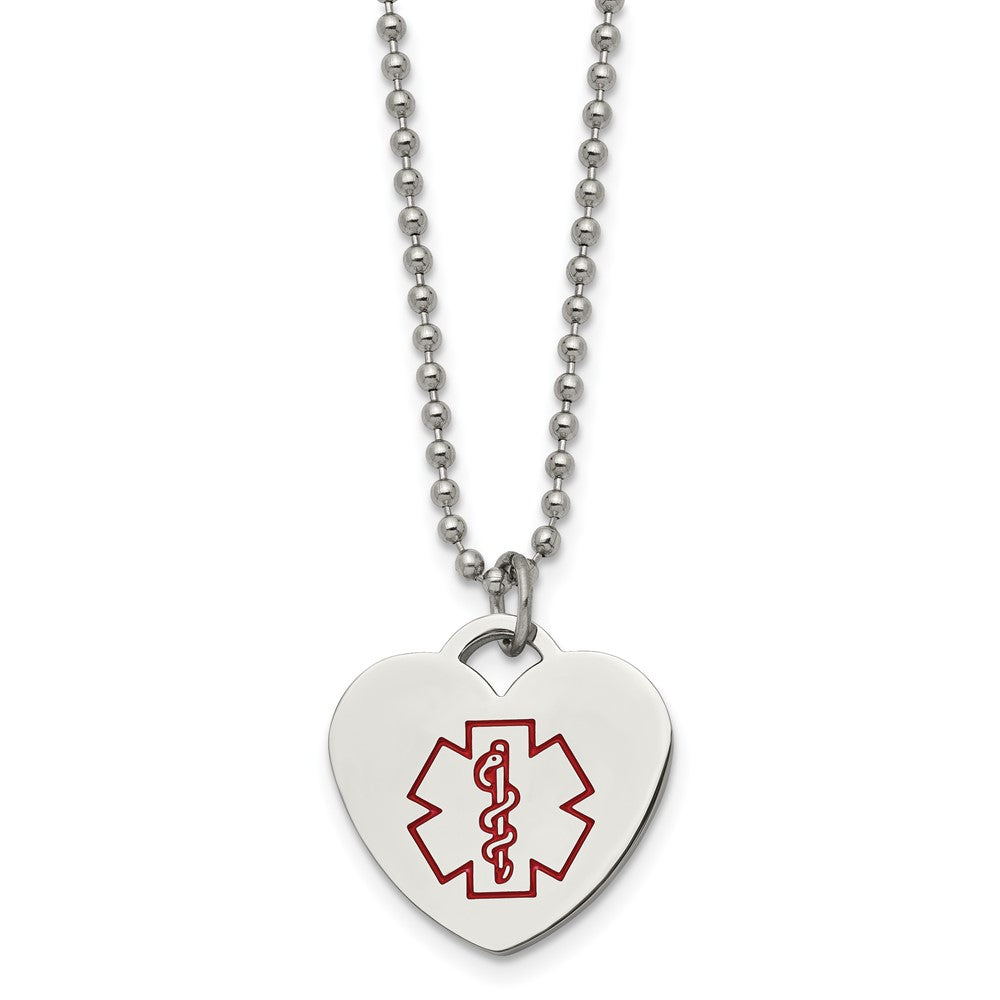 Chisel Stainless Steel Polished with Red Enamel Heart Medical ID Pendant on a 22 inch Ball Chain Necklace