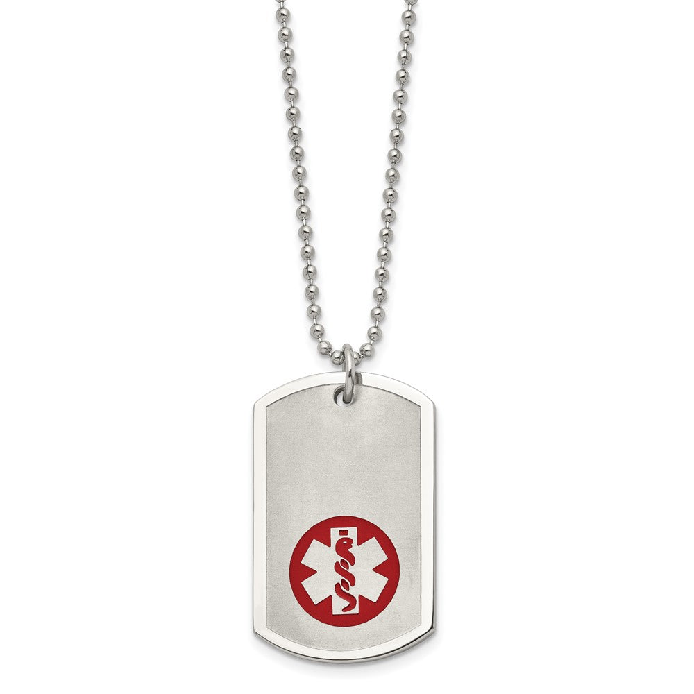 Chisel Stainless Steel Brushed and Polished with Red Enamel Medical ID Dog Tag on a 22 inch Ball Chain Necklace