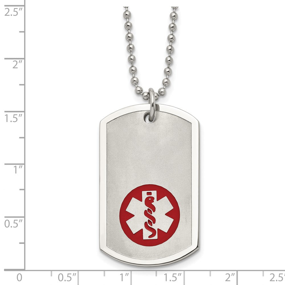 Chisel Stainless Steel Brushed and Polished with Red Enamel Medical ID Dog Tag on a 22 inch Ball Chain Necklace