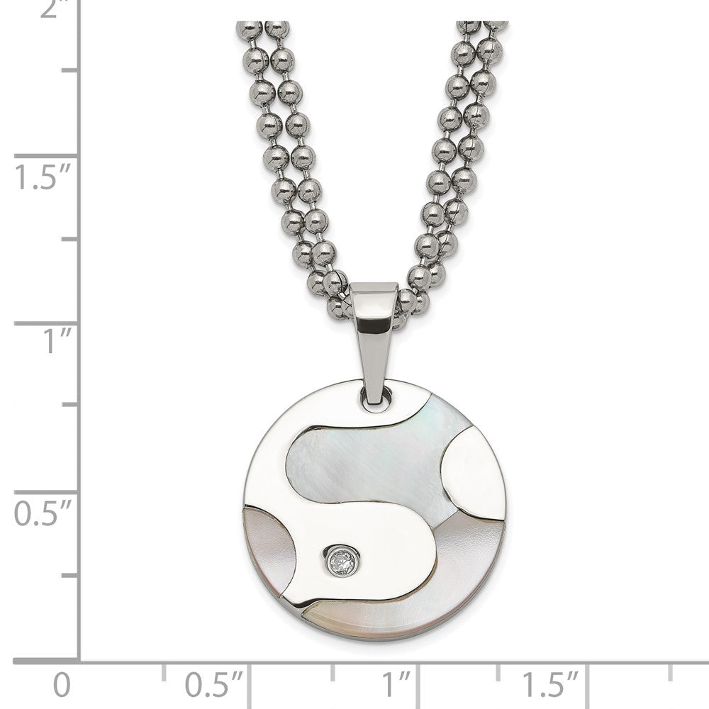 Stainless Steel Polished CZ & Mother of Pearl Circle Necklace