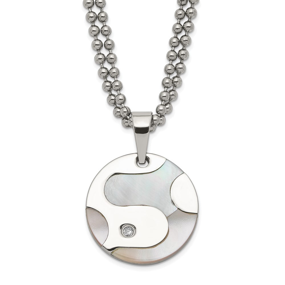 Stainless Steel Polished CZ & Mother of Pearl Circle Necklace