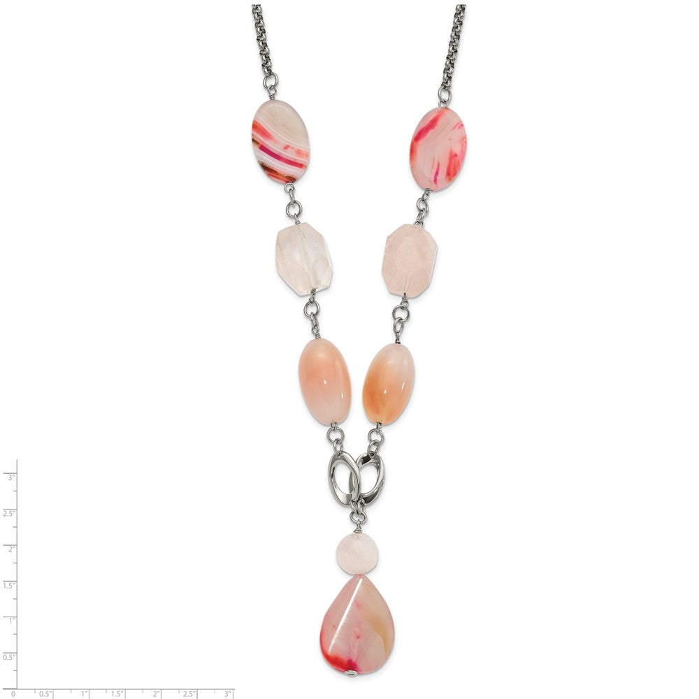 Stainless Steel Fancy Pink Quartz & Agate w/ 2 in ext. Drop Necklace