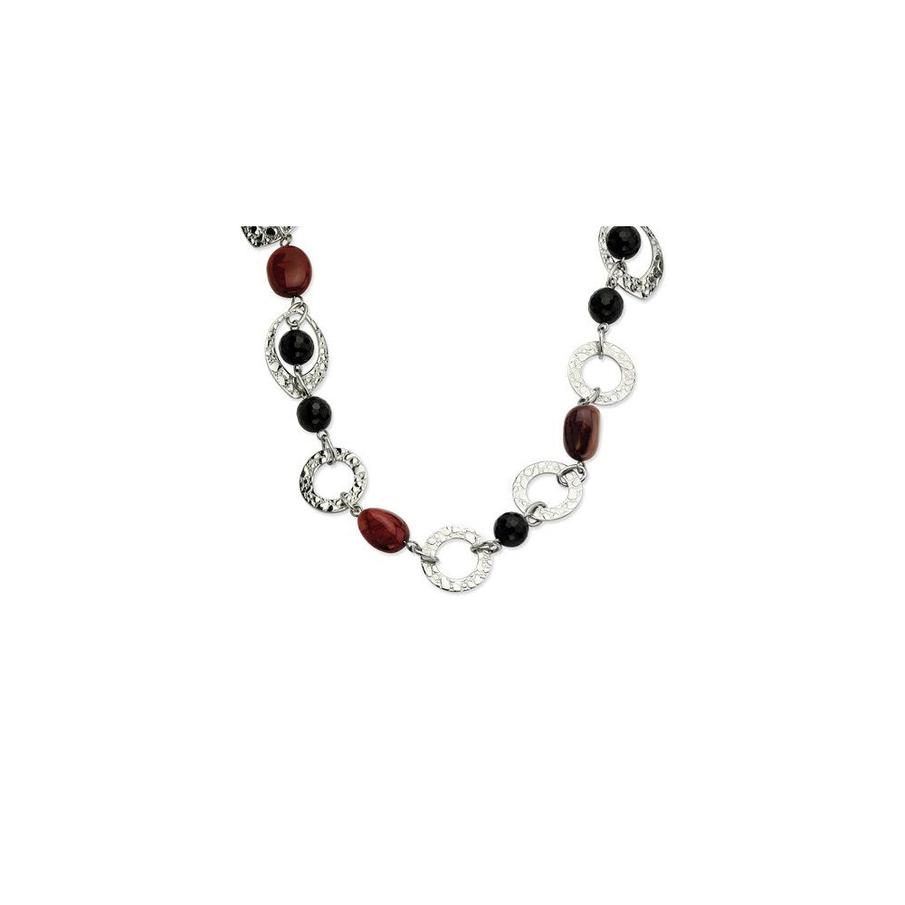 Stainless Steel Textured Ovals, Onyx & Ocean Stone Necklace