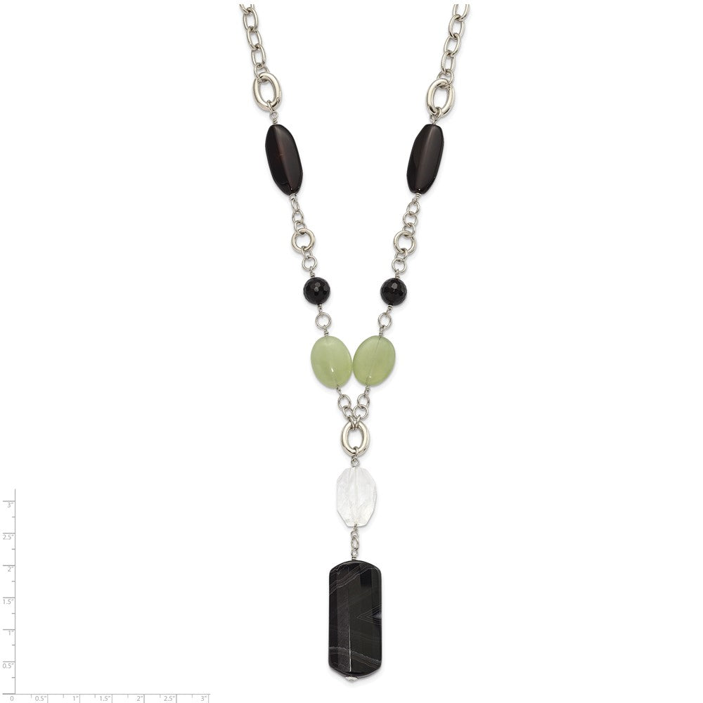 Stainless Steel Prehnite, Crystal & Black Agate w/1.5in ext Drop Necklace