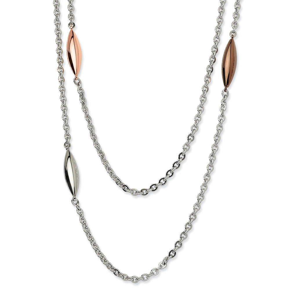 Stainless Steel Rose, Brown IP plated & Steel Ovals 28in Necklace