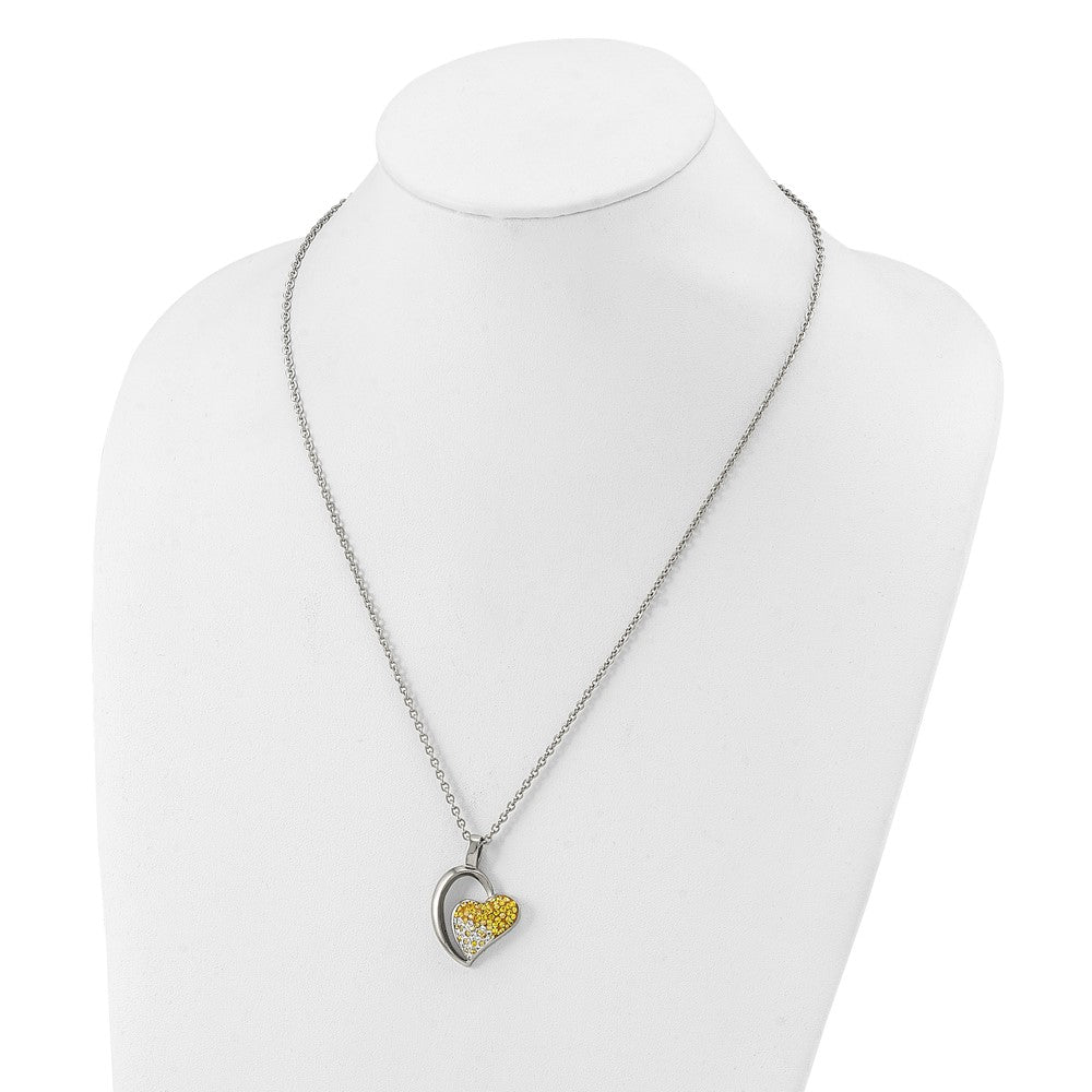 Stainless Steel Polished Yellow & White Crystal Heart Necklace