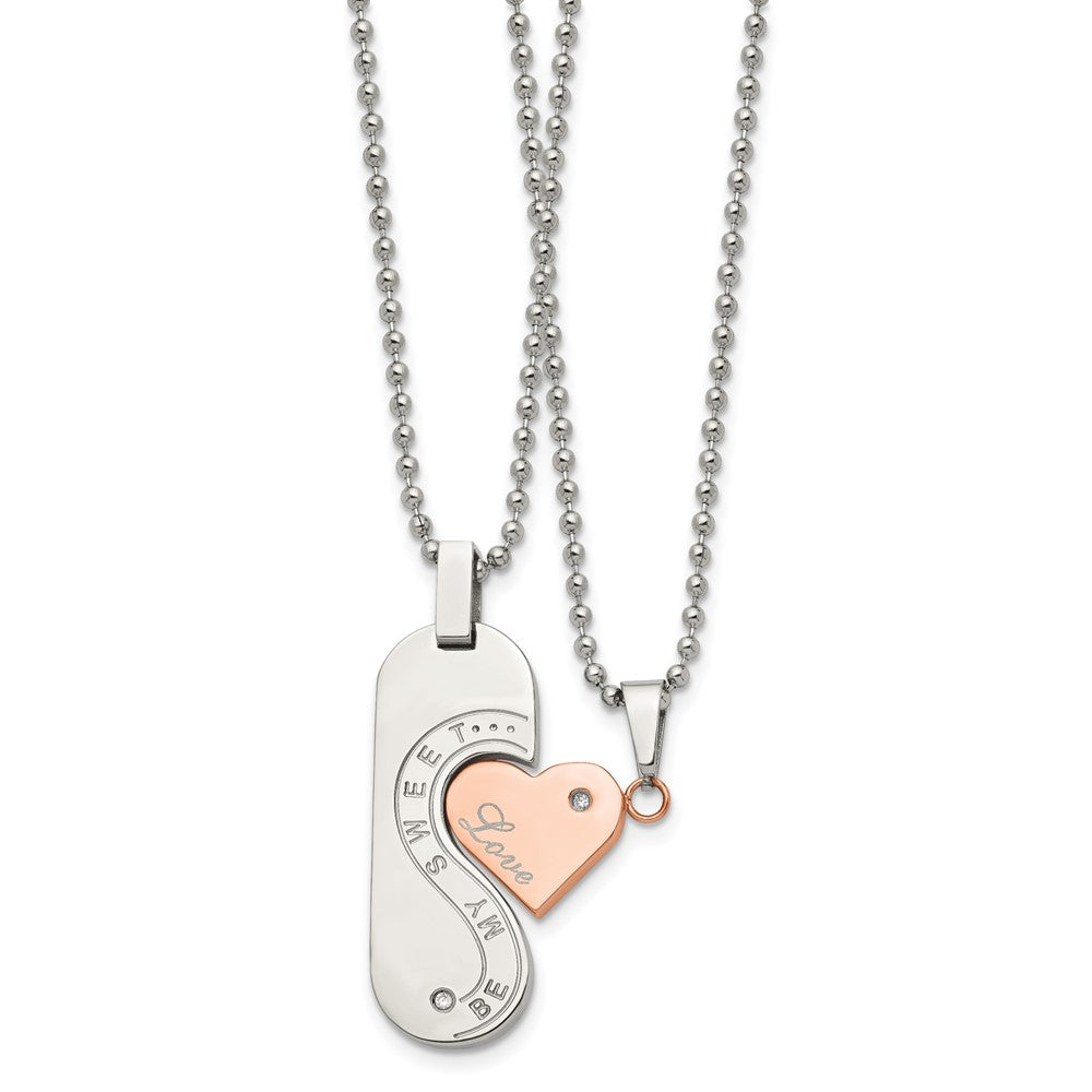 Chisel Stainless Steel Polished Rose IP-plated with CZ Heart Pendants on 22 inch Ball Chain Necklace Set