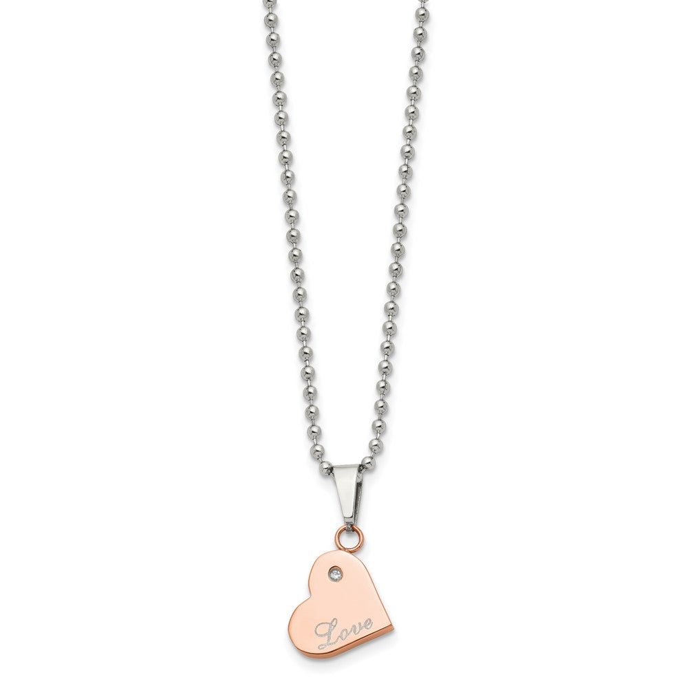 Chisel Stainless Steel Polished Rose IP-plated with CZ Heart Pendants on 22 inch Ball Chain Necklace Set