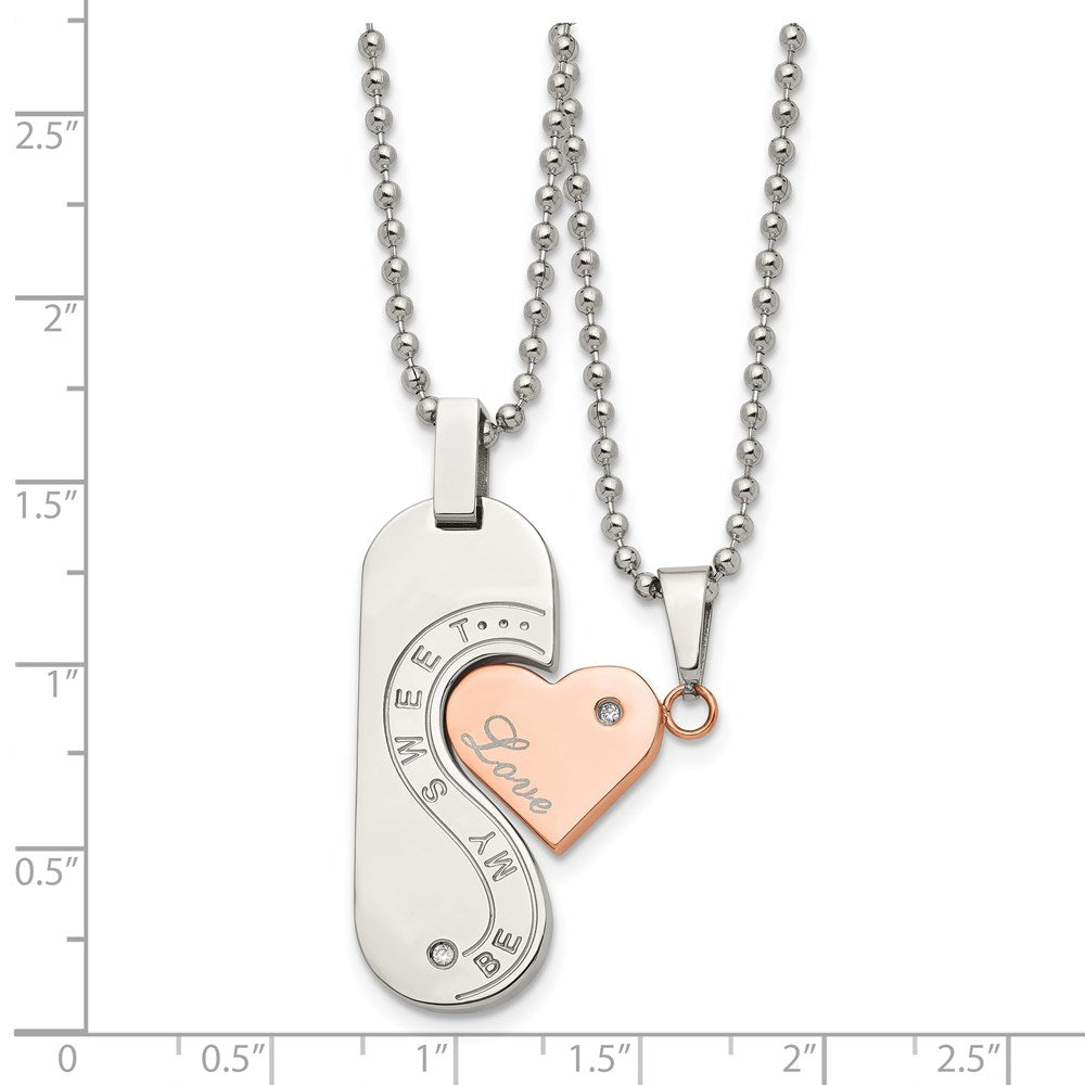 Chisel Stainless Steel Polished Rose IP-plated with CZ Heart Pendants on 22 inch Ball Chain Necklace Set