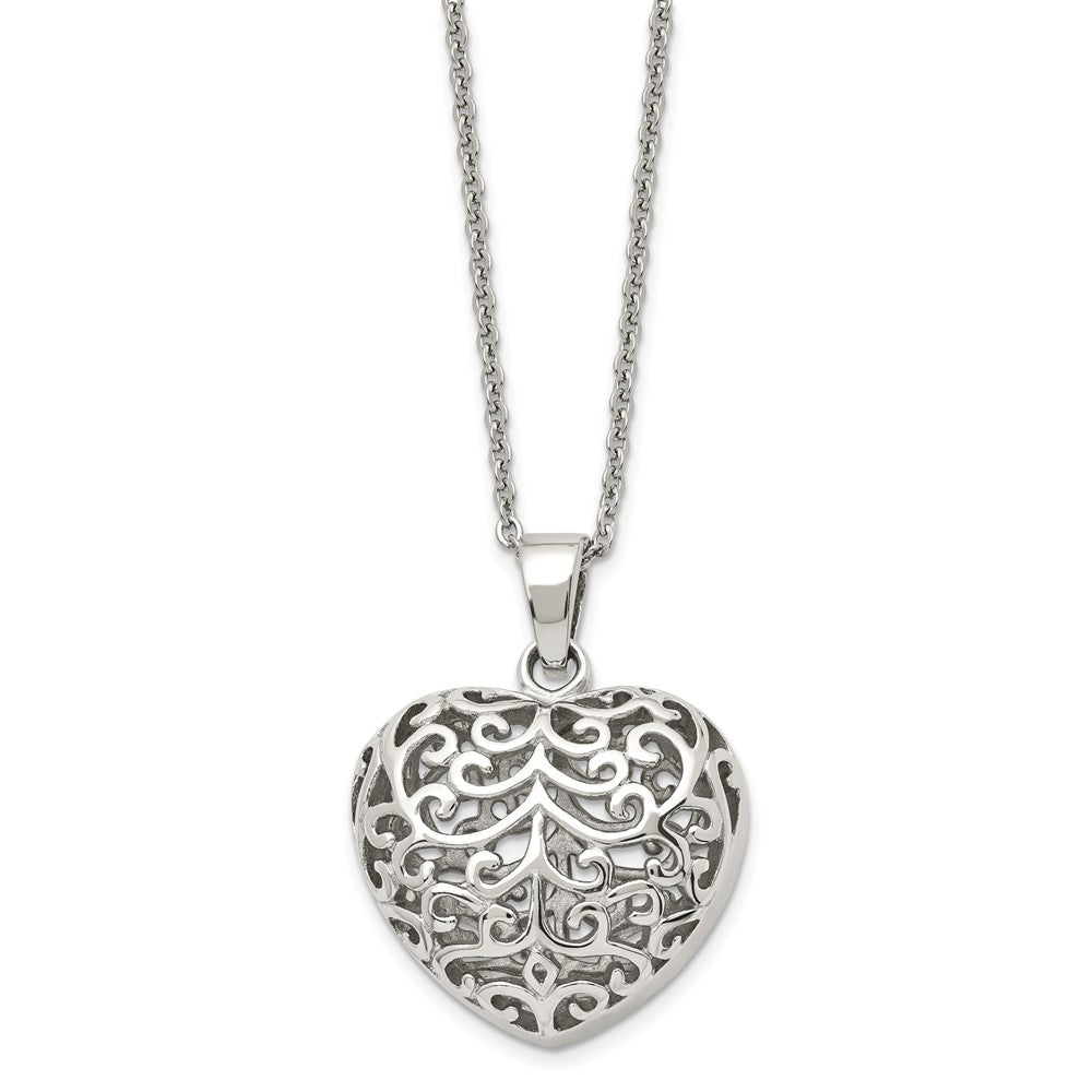 Chisel Stainless Steel Polished Filigree Puffed Heart Pendant on a 22 inch Cable Chain Necklace