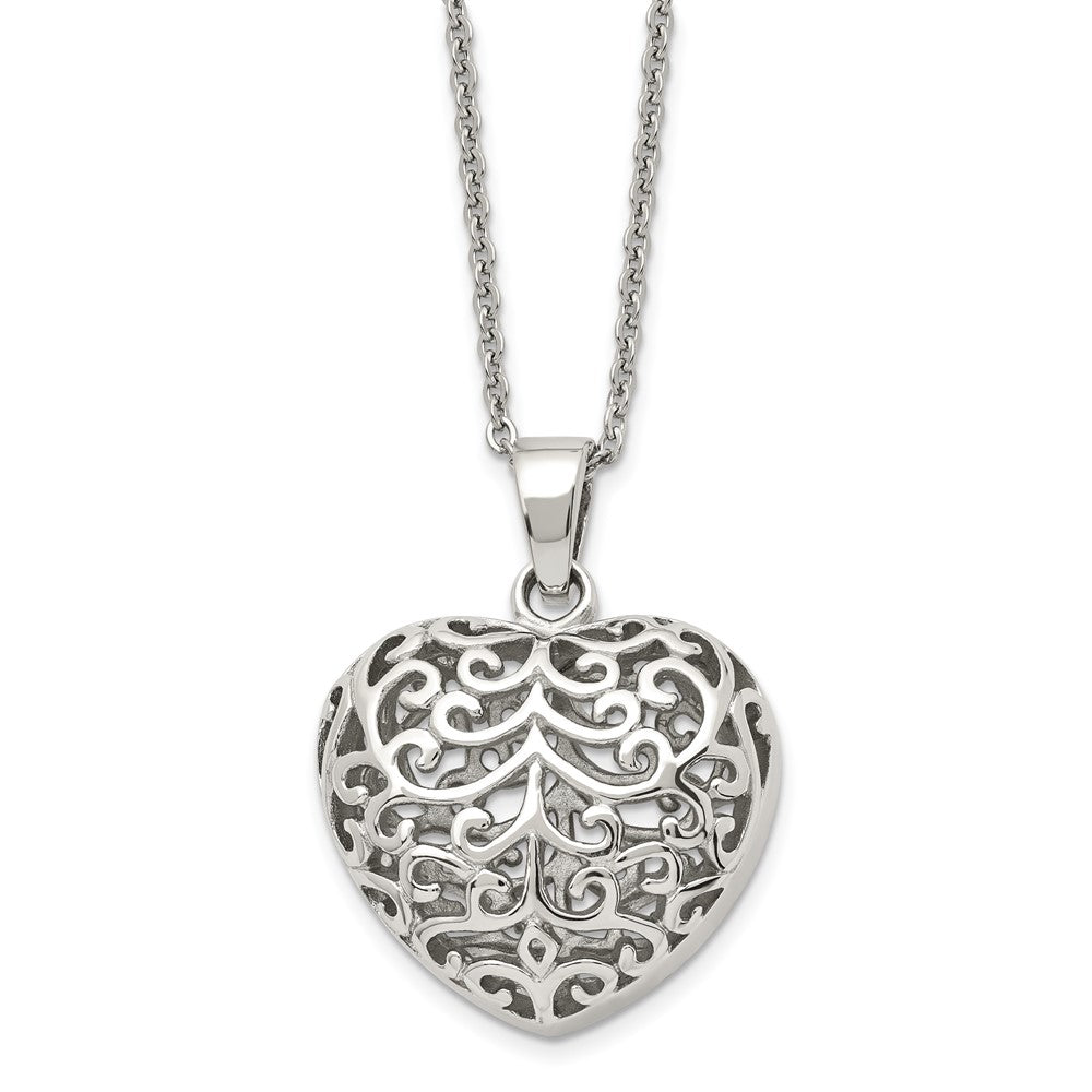 Chisel Stainless Steel Polished Filigree Puffed Heart Pendant on a 22 inch Cable Chain Necklace