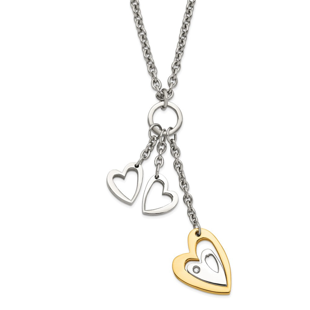 Stainless Steel Yellow IP-plated Heart with Hearts with CZ Necklace