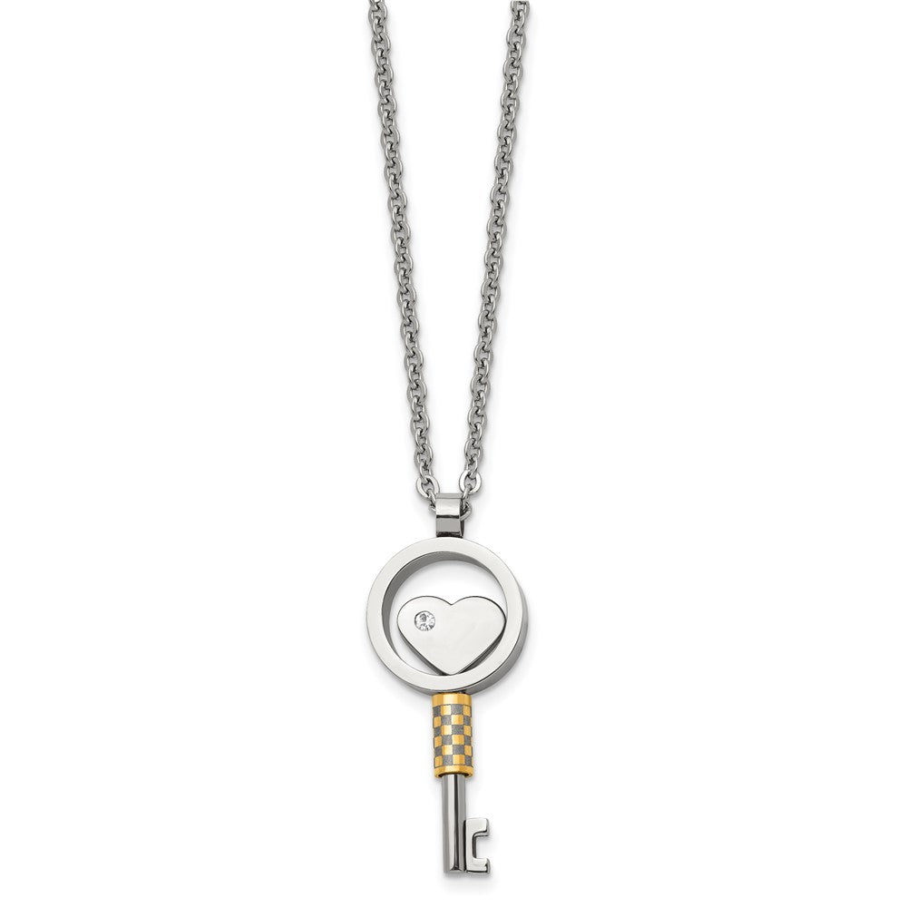 Chisel Stainless Steel Polished Yellow IP-plated with CZ Heart Key Pendant on a 22 inch Cable Chain Necklace