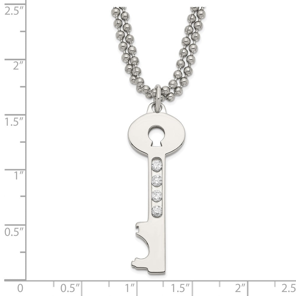 Stainless Steel Polished Key w/ CZ Double Chain Necklace