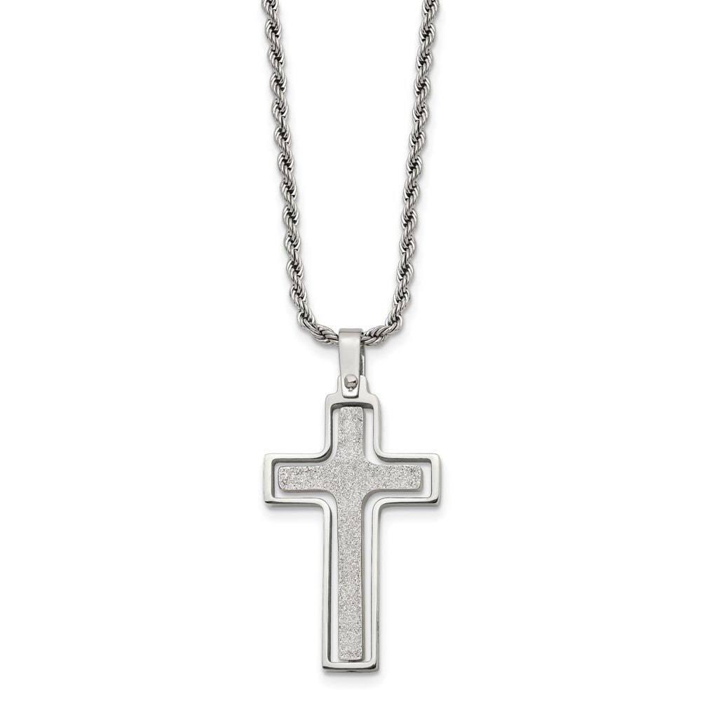 Chisel Stainless Steel Polished and Laser Cut Moveable Cross Pendant on a 22 inch Rope Chain Necklace