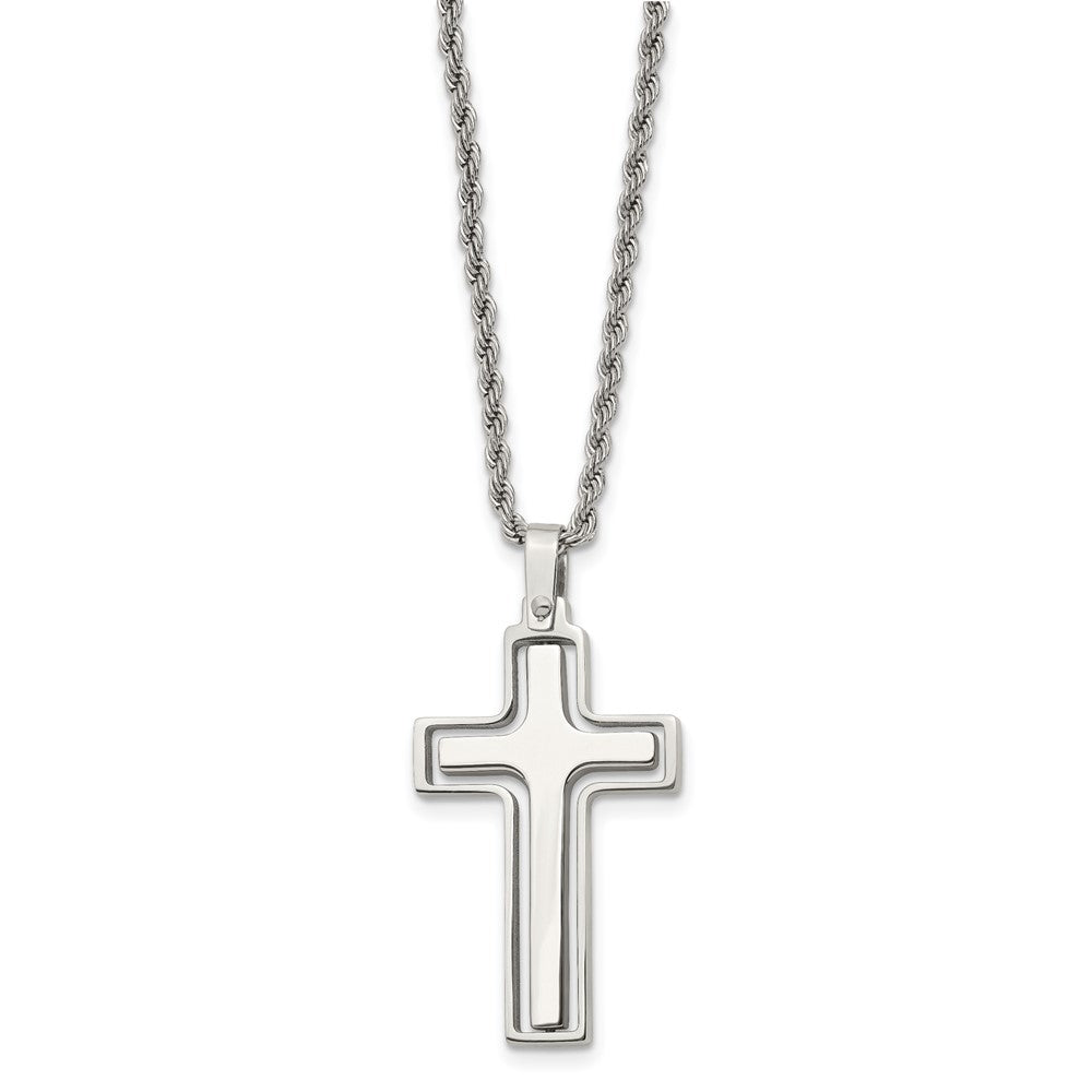 Chisel Stainless Steel Polished and Laser Cut Moveable Cross Pendant on a 22 inch Rope Chain Necklace