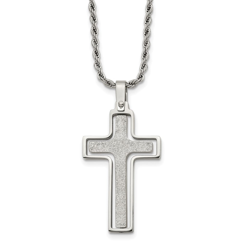 Chisel Stainless Steel Polished and Laser Cut Moveable Cross Pendant on a 22 inch Rope Chain Necklace