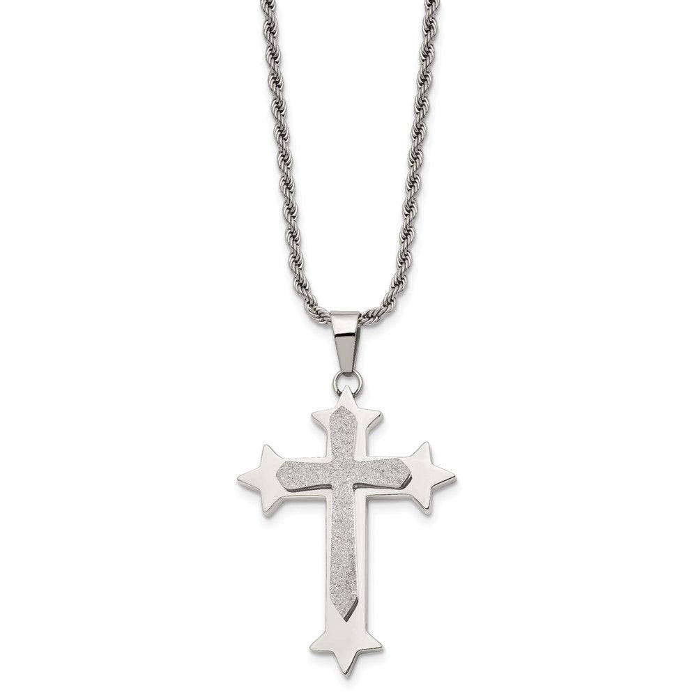 Chisel Stainless Steel Polished and Laser Cut Cross Pendant on a 24 inch Rope Chain Necklace