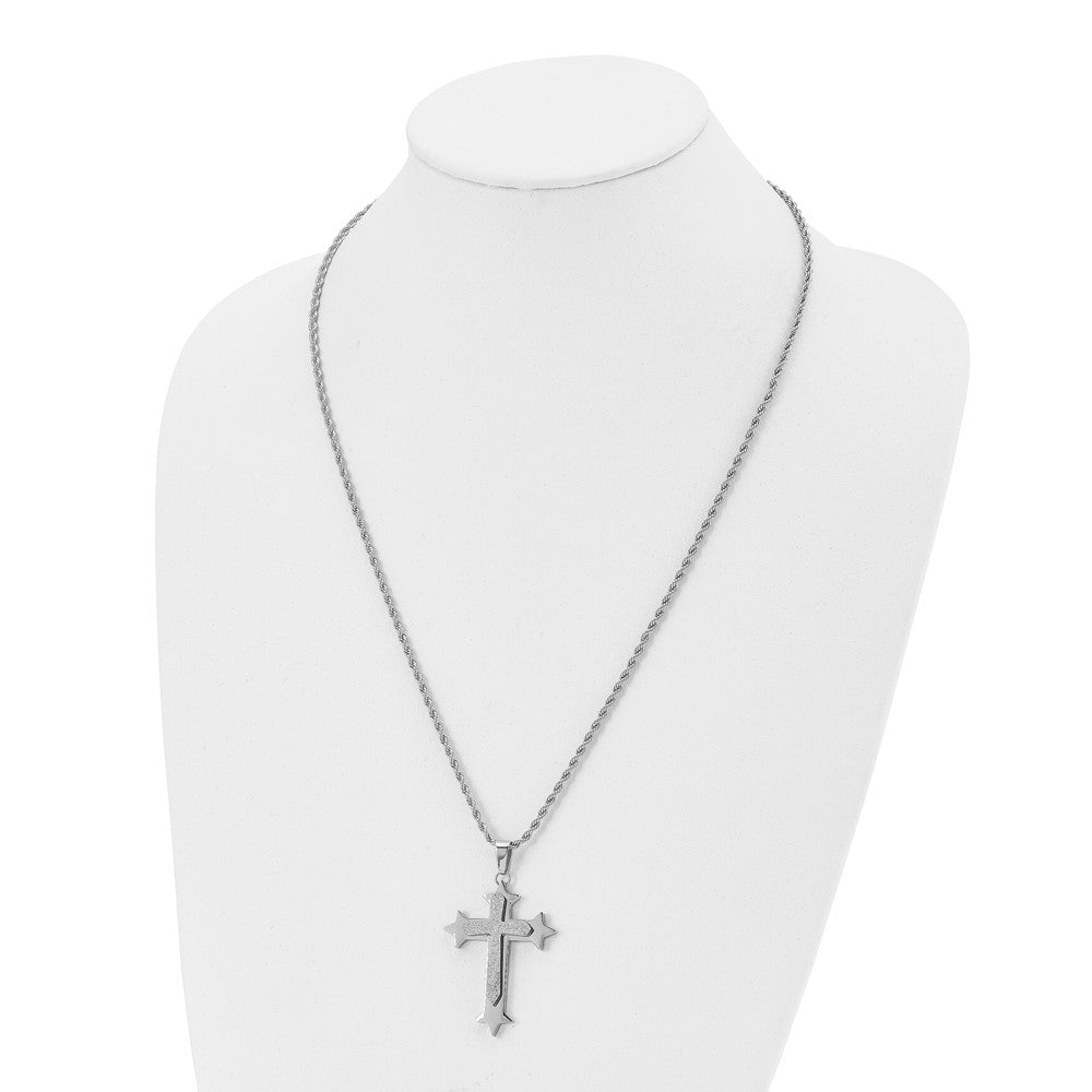 Chisel Stainless Steel Polished and Laser Cut Cross Pendant on a 24 inch Rope Chain Necklace