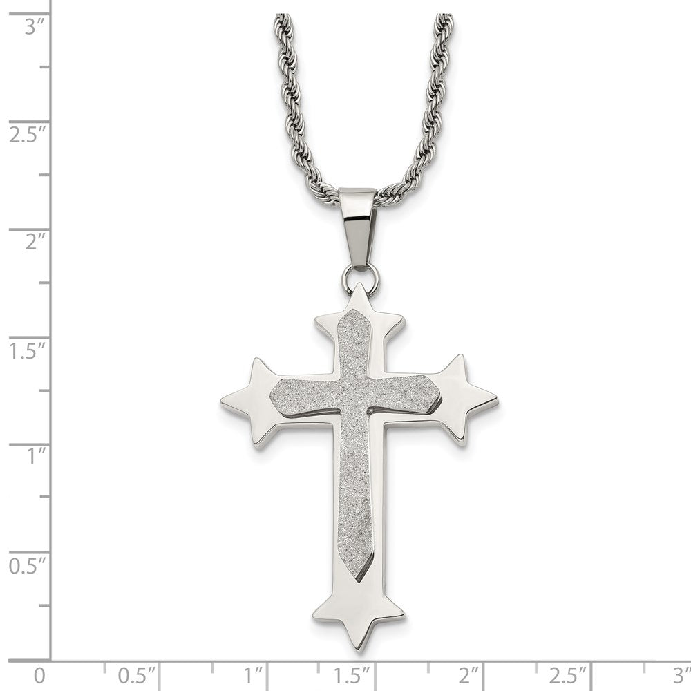 Chisel Stainless Steel Polished and Laser Cut Cross Pendant on a 24 inch Rope Chain Necklace