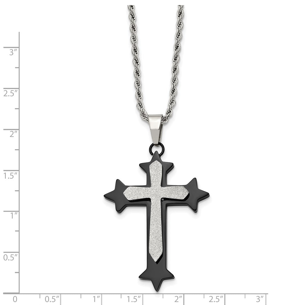 Stainless Steel Polished Black IP-plated Laser cut Cross 24in  Necklace