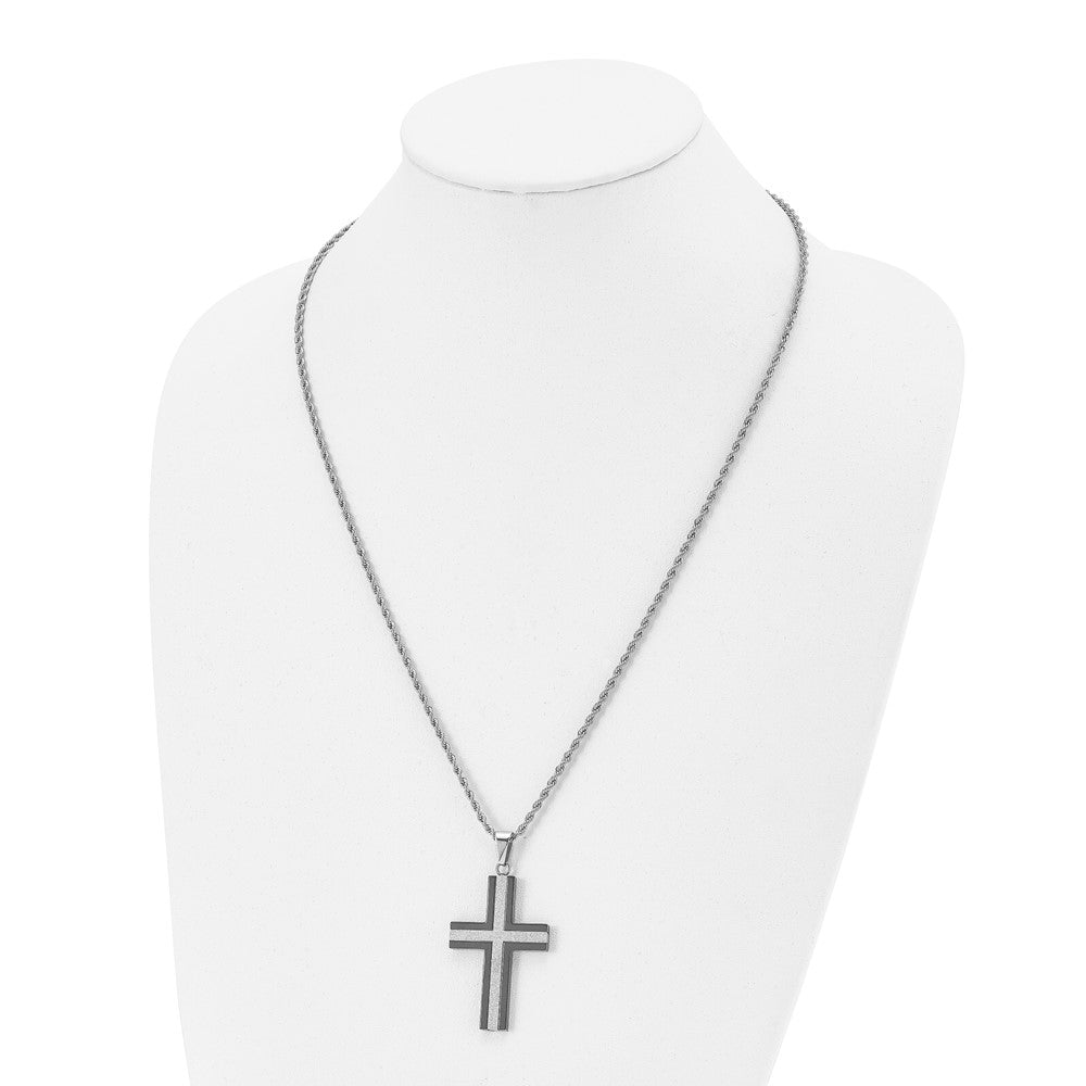 Chisel Stainless Steel Polished Black IP-plated Laser Cut Cross Pendant on a 24 inch Rope Chain Necklace