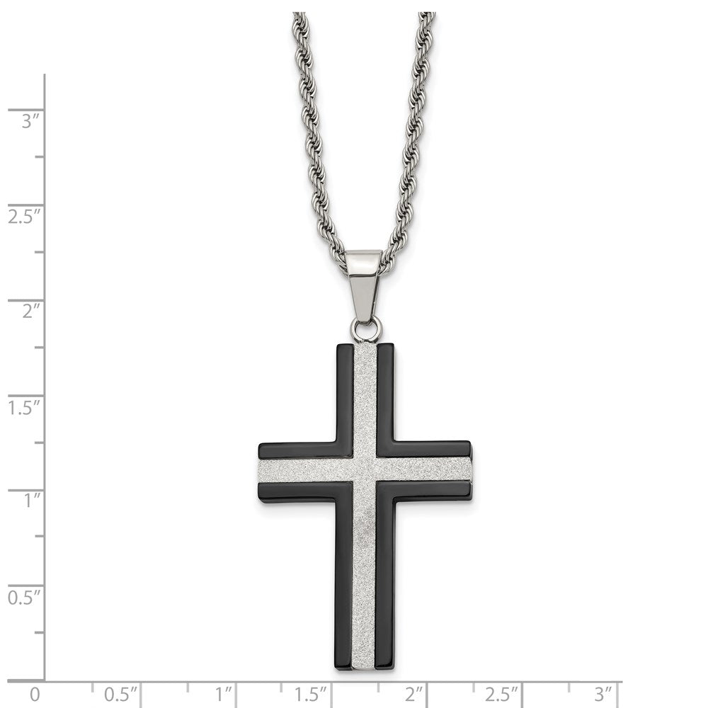 Chisel Stainless Steel Polished Black IP-plated Laser Cut Cross Pendant on a 24 inch Rope Chain Necklace