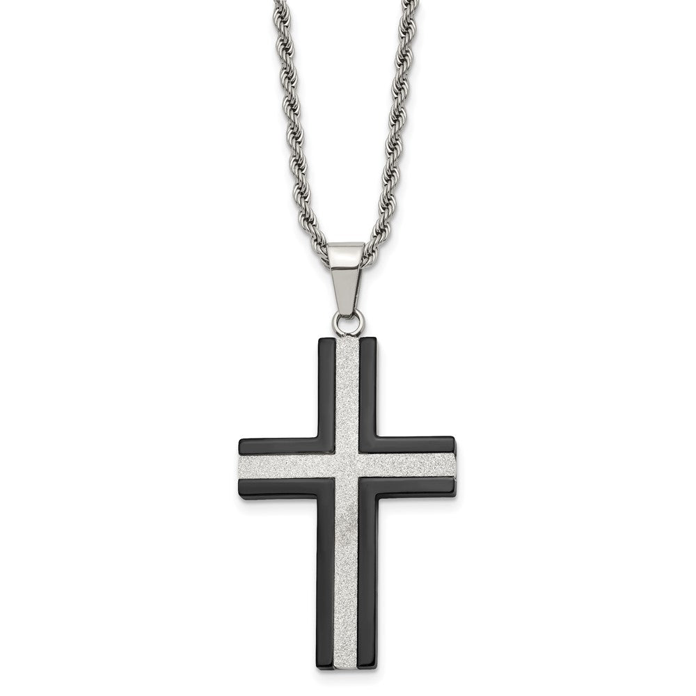 Chisel Stainless Steel Polished Black IP-plated Laser Cut Cross Pendant on a 24 inch Rope Chain Necklace