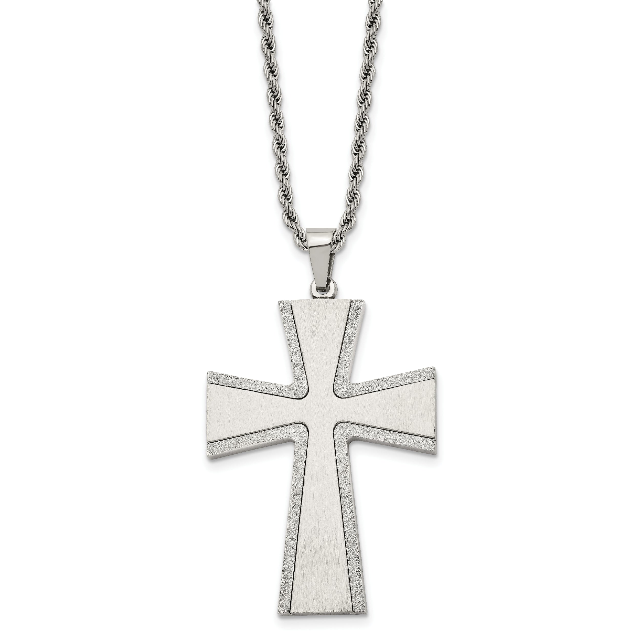 Stainless Steel Laser Cut & Brushed Cross Pendant Necklace SRN733