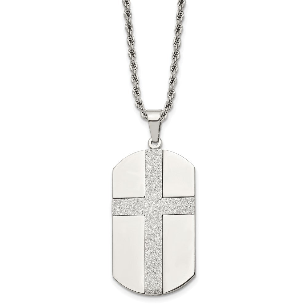 Chisel Stainless Steel Polished Laser Cut Cross Dog Tag on a 24 inch Rope Chain Necklace