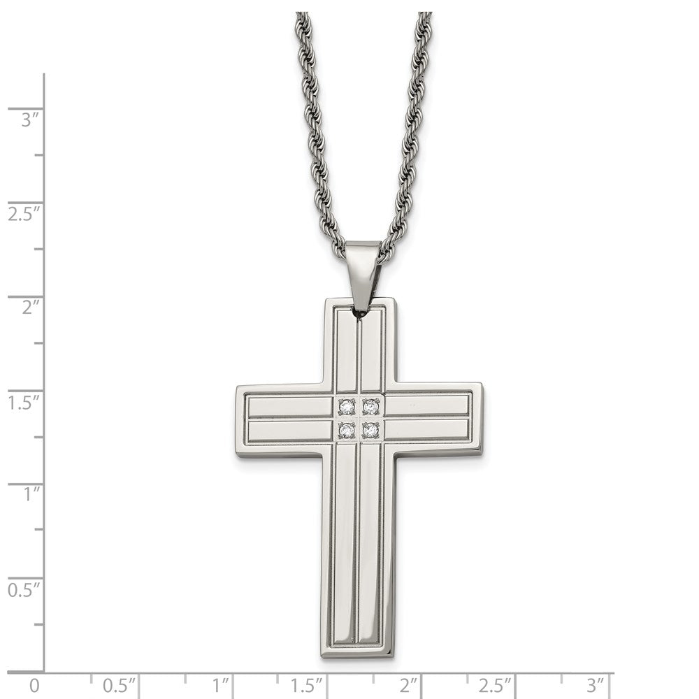 Chisel Stainless Steel Polished with CZ Grooved Cross Pendant on a 24 inch Rope Chain Necklace