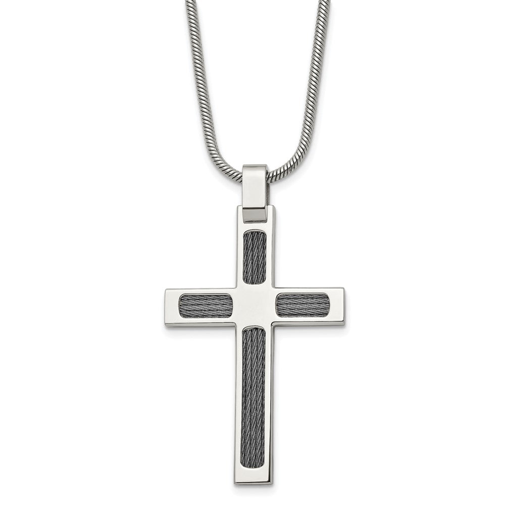 Chisel Stainless Steel Brushed and Polished with Cable Cross Pendant on a 24 inch Snake Chain Necklace