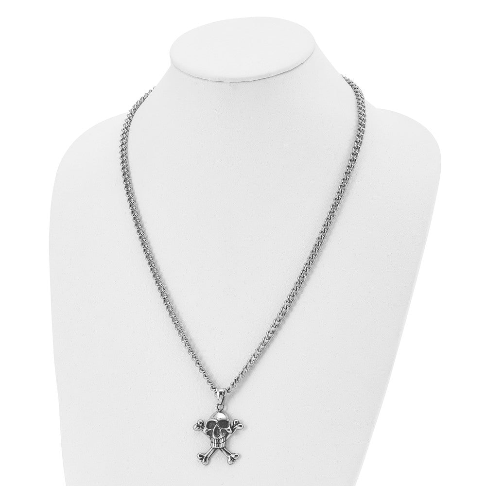 Chisel Stainless Steel Antiqued and Polished Skull and Crossbones Pendant on a 24 inch Curb Chain Necklace