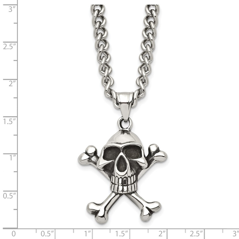 Chisel Stainless Steel Antiqued and Polished Skull and Crossbones Pendant on a 24 inch Curb Chain Necklace