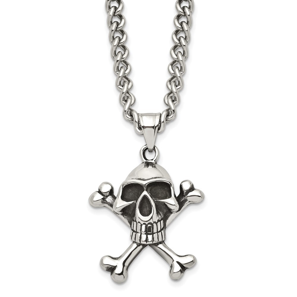 Chisel Stainless Steel Antiqued and Polished Skull and Crossbones Pendant on a 24 inch Curb Chain Necklace