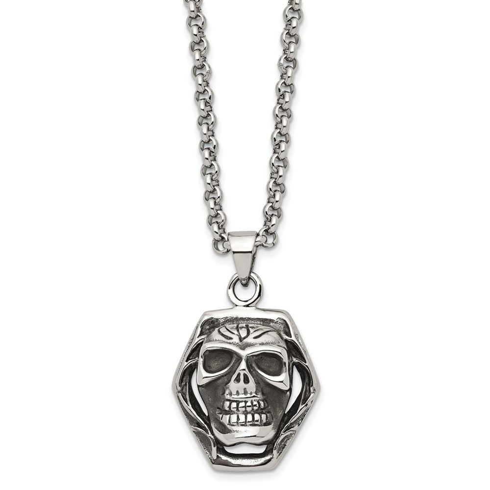 Chisel Stainless Steel Antiqued and Polished Skull Pendant on a 24 inch Cable Chain Necklace