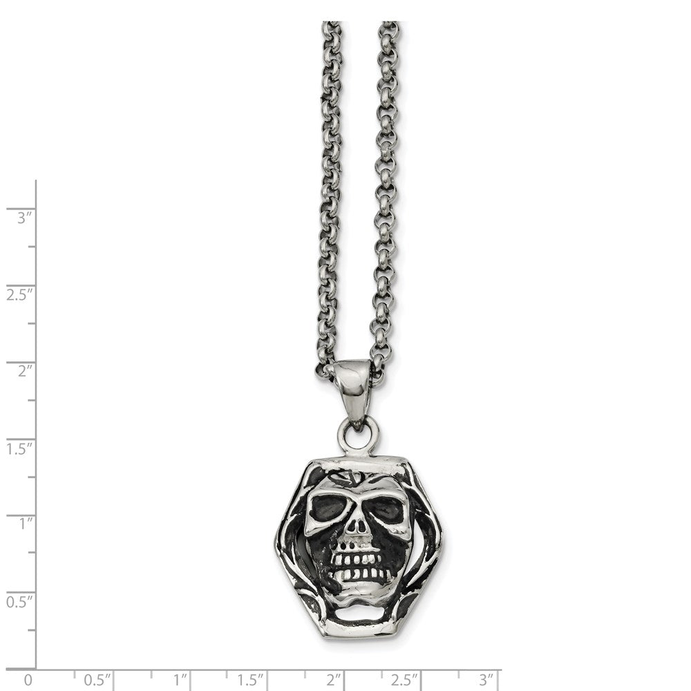 Chisel Stainless Steel Antiqued and Polished Skull Pendant on a 24 inch Cable Chain Necklace